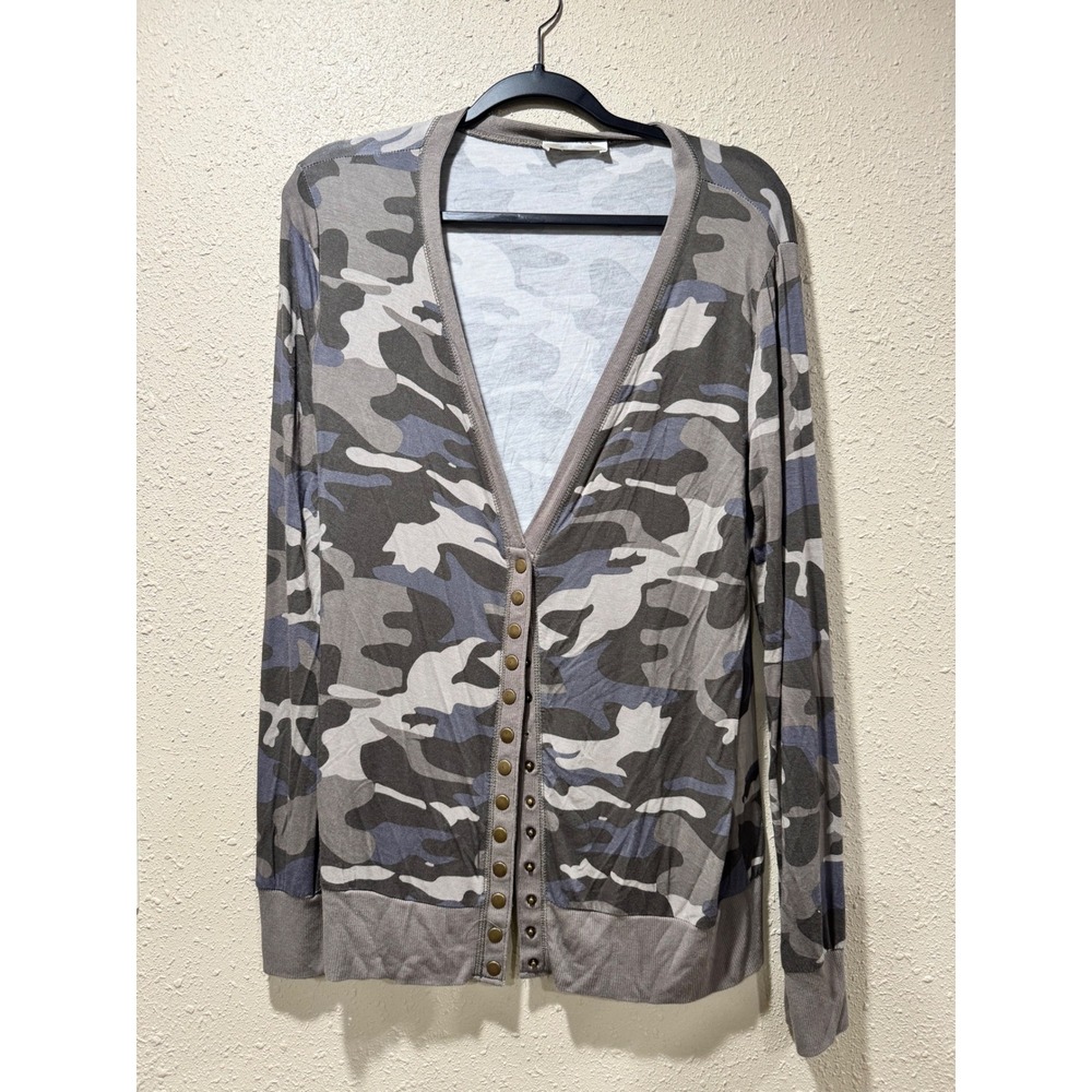 Zenana Womens Camo Print Snap Front Cardigan V-Neck Lightweight Grey‎ Blue Large